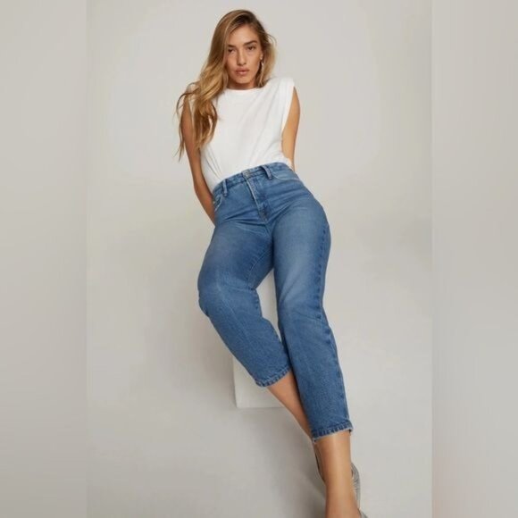 GOOD AMERICAN GOOD MOM HIGH RISE JEANS FULL LEG TAPERED LEG BLUE 586 SIZE 12 NEW - Picture 1 of 11
